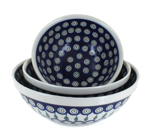 Polish Pottery Peacock 3 Piece Serving Bowl Set
