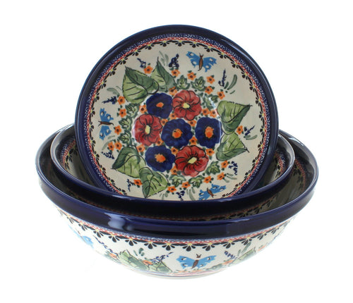 Polish Pottery Floral Butterfly 3 Piece Serving Bowl Set