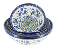 Polish Pottery Blue Tulip 3 Piece Serving Bowl Set