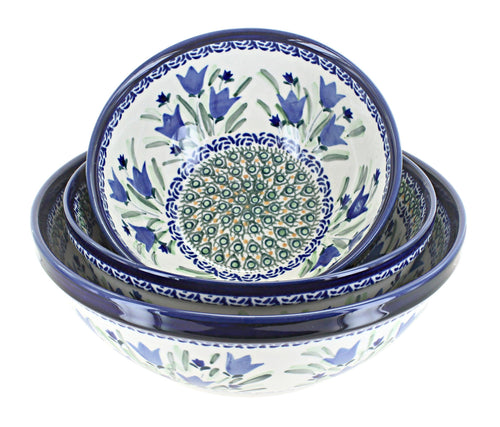 Polish Pottery Blue Tulip 3 Piece Serving Bowl Set
