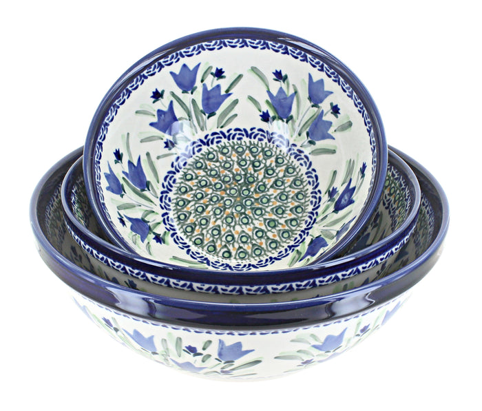 Polish Pottery Blue Tulip 3 Piece Serving Bowl Set