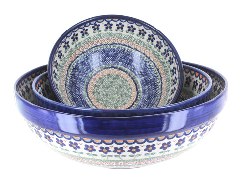 Polish Pottery Aztec Flower 3 Piece Serving Bowl Set