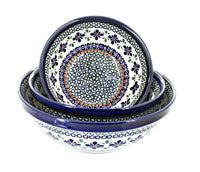 Polish Pottery Mosaic Flower 3 Piece Serving Bowl Set