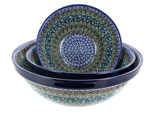 Polish Pottery Mardi Gras 3 Piece Serving Bowl Set