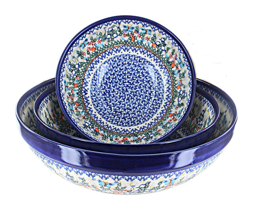 Polish Pottery Garden of Eden 3 Piece Serving Bowl Set