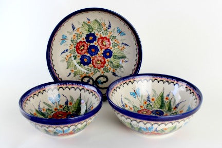 Floral Butterfly 3 Piece Serving Bowl Set Polish Pottery