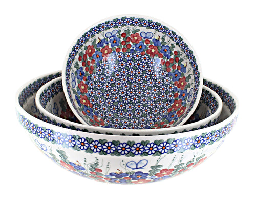 Polish Pottery Garden Butterfly 3 Piece Serving Bowl Set