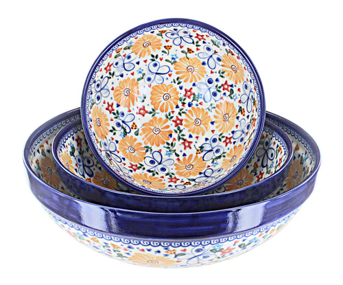 Polish Pottery Butterfly 3 Piece Serving Bowl Set