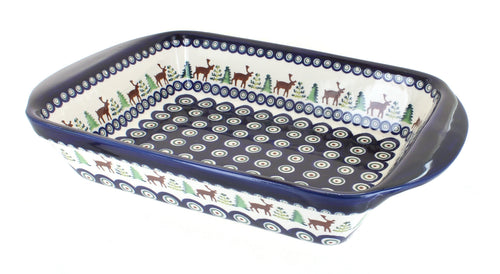 Polish Pottery Reindeer Pine Large Rectangular Baker with Handles