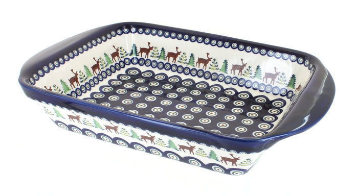 Polish Pottery Reindeer Pine Large Rectangular Baker with Handles
