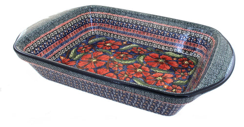 Polish Pottery Jungle Flower Large Rectangular Baker with Handles