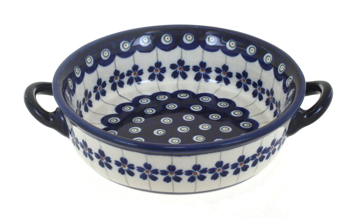 Polish Pottery Flowering Peacock Small Baker with Handles
