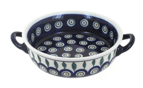 Polish Pottery Peacock Small Baker with Handles