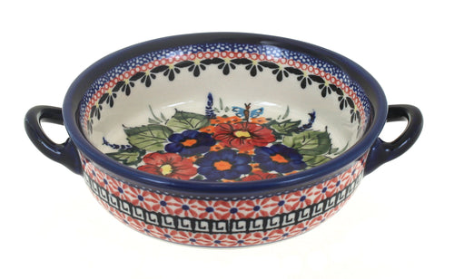 Polish Pottery Floral Butterfly Small Baker with Handles