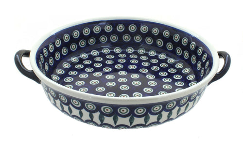 Polish Pottery Peacock Round Casserole with Handles