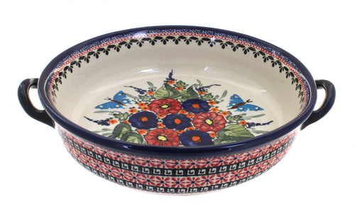Polish Pottery Floral Butterfly Round Casserole with Handles