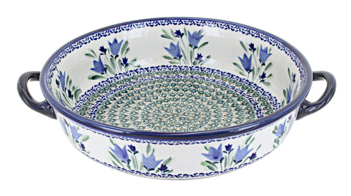Polish Pottery Blue Tulip Round Casserole with Handles