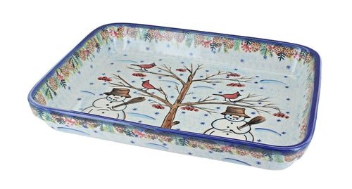 Polish Pottery Little Snowman Medium Rectangular Baker