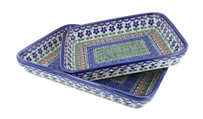 Polish Pottery Aztec Flower Rectangular Baker Set