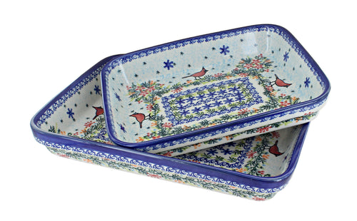 Polish Pottery Winter Cardinal Rectangular Baker Set