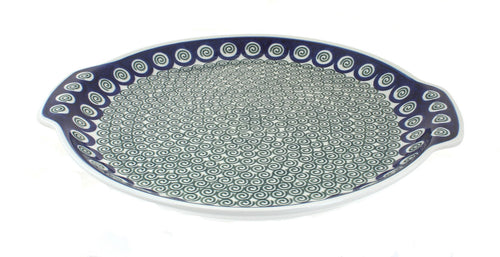 Polish Pottery Peacock Swirl Round Serving Tray with Handles