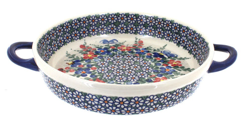 Polish Pottery Garden Butterfly Small Round Baker with Handles