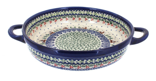 Polish Pottery Reindeer Delight Small Round Baker with Handles