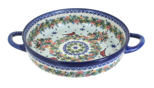 Polish Pottery Winter Cardinal Small Round Baker with Handles