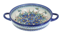 Polish Pottery Garden of Blue Small Round Baker with Handles