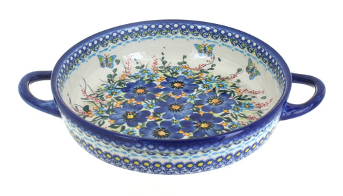 Polish Pottery Garden of Blue Small Round Baker with Handles