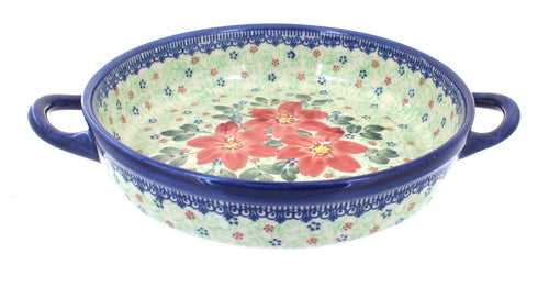 Polish Pottery Poinsettia Small Round Baker with Handles