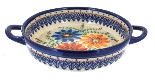 Polish Pottery Autumn Burst Small Round Baker with Handles