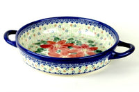 Poinsettia Small Round Baker with Handles Polish Pottery