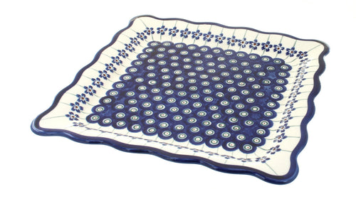 Polish Pottery Flowering Peacock Square Lunch Plate