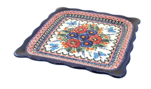 Polish Pottery Floral Butterfly Square Lunch Plate