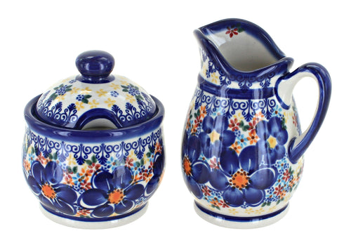 Polish Pottery Blue Dahlia Cream & Sugar Set