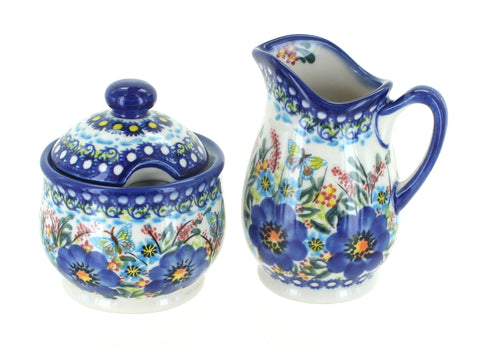 Polish Pottery Garden of Blue Cream & Sugar Set