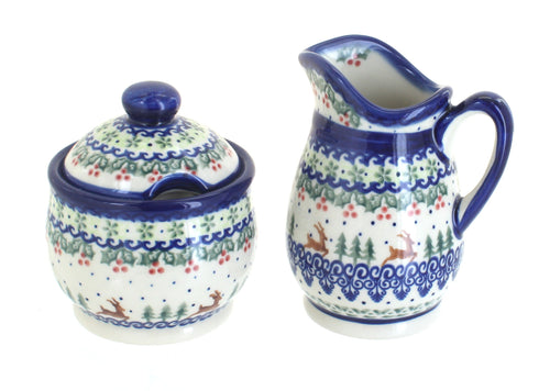 Polish Pottery Reindeer Delight Cream & Sugar Set