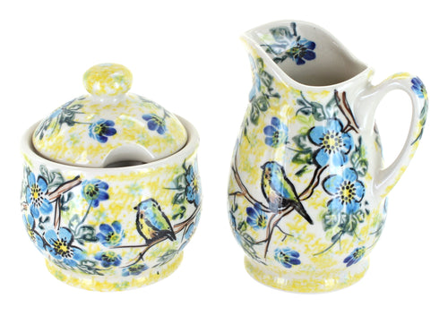 Polish Pottery Bluebird Garden Cream & Sugar Set
