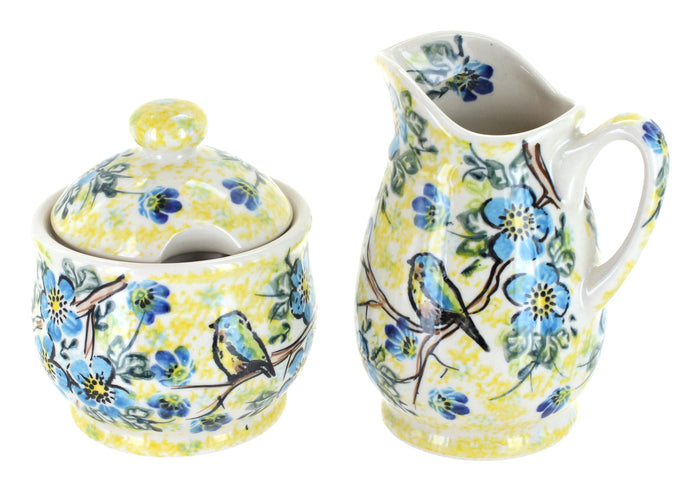 Polish Pottery Bluebird Garden Cream & Sugar Set
