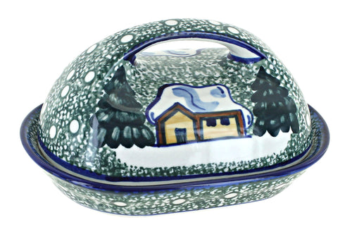 Polish Pottery Winter Forest Butter Dish - Green