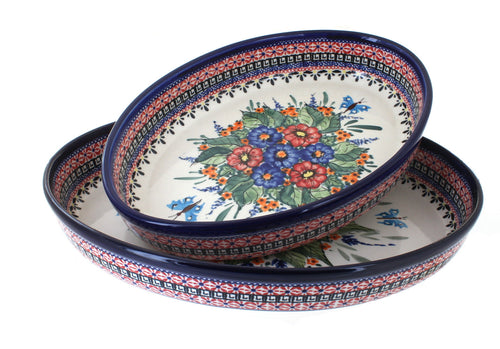 Polish Pottery Floral Butterfly Oval Baker Set