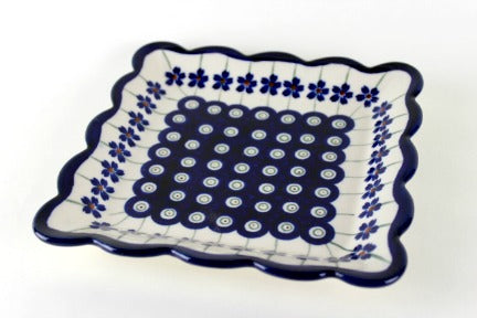 Flowering Peacock Square Small Dessert Plate Polish Pottery