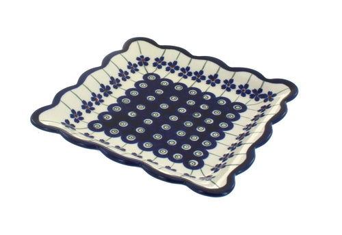 Polish Pottery Flowering Peacock Square Small Dessert Plate