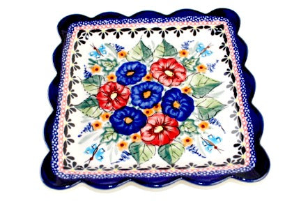 Floral Butterfly Square Small Dessert Plate Polish Pottery