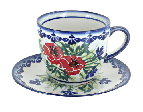 Polish Pottery Cherry Red Bouquet Cup & Saucer