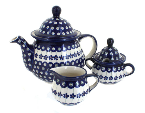 Polish Pottery Flowering Peacock Three Piece Tea Set