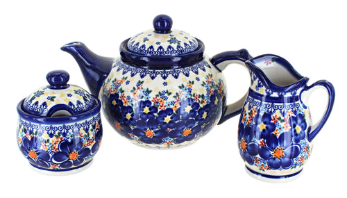 Polish Pottery Blue Dahlia 3 Piece Tea Set