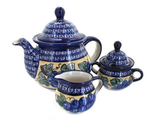 Polish Pottery Grapes Three Piece Tea Set with Cobalt Trim