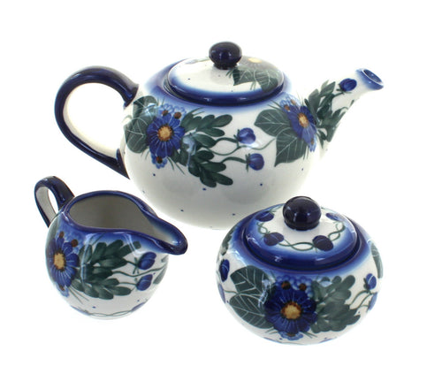 Polish Pottery Forget Me Not 3 Piece Tea Set